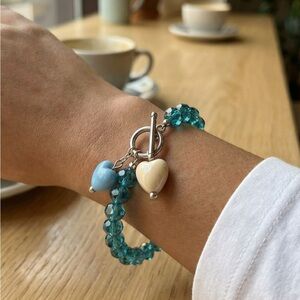 Elegant Heart Charm Bracelet with Blue and Cream Beads